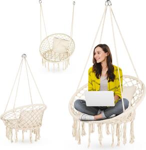 Luverno® Zavesené kreslo XXL s vankúšom – do 150 kg – Zavesené kreslo – Vnútorné a vonkajšie použitie – Zavesený košík, hojdačka do záhrady, na terasu, balkón – Boho