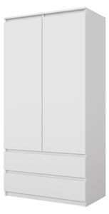 Šatníková Skriňa Biela Mat – Dvojdverová Skriňa do Spálne s 2 Zásuvkami, Šatníková Skriňa Š90 x V180 x H50 cm