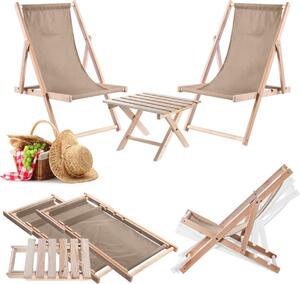 KADAX set prírodný konferenčný stolík pre ležadlá + 2 drevené ležadlá cappuccino