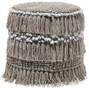 Taburetka béžová bavlna 44 x 43 cm bez vzoru okrúhly tvar so strapcami a uzlami podnožka boho rustikálny štýl obývačka spálňa