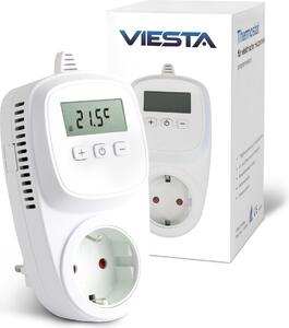 VIESTA® TH12 Zásuvkový Termostat – Programovateľný 7 Dní, 230V / 16A / 3600W, 5–35°C, LCD, Ochrana Proti Zamrznutiu, pre Elektrické Ohrievače