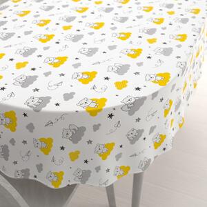 Biante Detský bavlnený oválny obrus Sandra SA-725 Medvedíky na žlto-sivých mráčikoch na bielom 50x100 cm