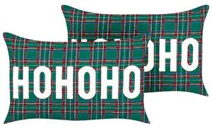 Sada 2 dekoratívnych vankúšov zelená polyester tartanový kockovaný vzor vianočný motív 30 x 50 cm obdĺžnikový tvar dekorácie doplnky