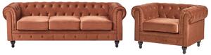 Sedacia súprava chesterfield zlatohnedá zamatová čalúnená čierne nohy 3-miestna pohovka s kreslom moderná