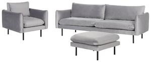 Sedacia súprava sivá zamatová čalúnená pohovka s kreslom a taburetom moderný retro štýl čierne nohy obývacia izba