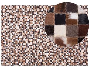 Koberec béžovo hnedá čierna hovädzia koža 160 x 230 cm krátky vlas patchwork ručne vyrábaný obdĺžnikový