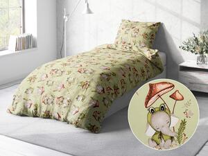Biante Detské bavlnené posteľné obliečky Sandra SA-474 Žabky a zvieratká medzi hubami na zelenom Predĺžené 140x220 a 70x90 cm