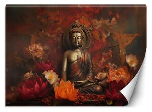 Fototapeta Socha meditujúceho Budhu a farebné kvety Materiál: Vliesová, Rozmery: 200 x 140 cm