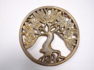 Dekorácia na stenu Strom života kvitnúci, zlatá/biela (exotické drevo, ručná práca)