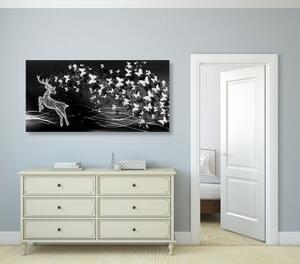 Obraz nádherný jeleň s motýľmi v čiernobielom prevedení - 100x50