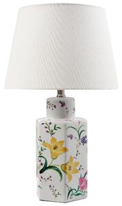 Stolná lampa biela porcelánový podstavec ľanové tienidlo kvetinový vzor osvetlenie obývacia izba spálňa