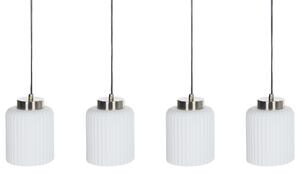 Závesná lampa čierna mosadzná kovová so 4 bielymi sklenenými tienidlami moderný industriálny štýl