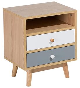 Nočný stolík sivá biela svetlé drevo kaučuk MDF 48 x 40 x 30 cm otvorená polica 2 zásuvky na nožičkách moderný retro štýl spálňa