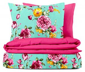 Ervi bavlnené obliečky - Ružové kvety na tyrkysovom/ružovej