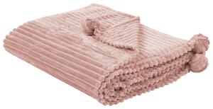 Deka ružová polyester 150 x 200 cm rebrovaná štruktúra s brmbolcami prikrývka na posteľ