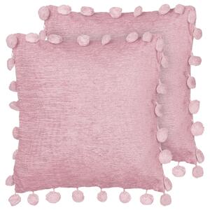 Sada 2 dekoratívnych vankúšov ružová polyester 45 x 45 cm bez vzoru s brmbolcami ručne vyrobené moderný štýl doplnky