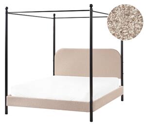 Posteľ s baldachýnom čierny kovový rám sivobéžové buklé čalúnenie 140 x 200 cm retro minimalistický štýl