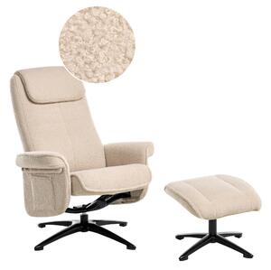 Polohovacie otočné kreslo béžové buklé čalúnené s podnožkou kovový rám retro dizajn