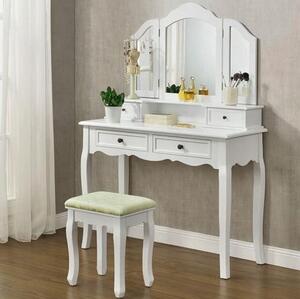 Toaletný stolík s otváracím zrkadlom a taburetkou Biela