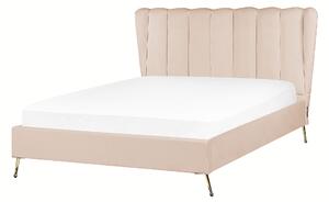 Posteľ béžová zamatové čalúnenie 140 x 200 cm zlaté kovové nohy prešívané čelo s USB portom moderný glamour štýl spálňa