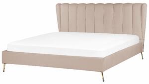 Posteľ sivobéžová zamatové čalúnenie 180 x 200 cm zlaté kovové nohy prešívané čelo s USB portom moderný glamour štýl spálňa