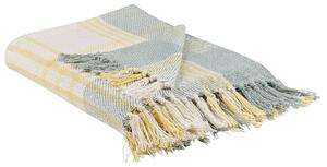 Deka žltá zelená bavlna 125 x 150 cm obdĺžnikový tvar kockovaný vzor prikrývka so strapcami boho štýl doplnky