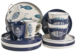 16-dielna sada jedálenského riadu biela a modrá porcelán reaktívna glazúra ručne vyrobený servis pre 4 osoby s motívom rýb