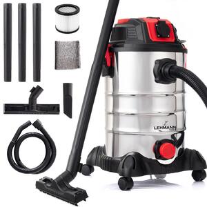 Mokro-suchý vysávač LEHMANN s 30 l kovovou nádobou, 1500 W, priemyselný vysávač so zásuvkou na spotrebič, funkcia fúkania, HEPA a penový filter, oklep filtra