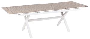 Rozkladací záhradný jedálenský stôl biela svetlé drevo hliník 184/242 x 76 cm moderný štýl záhrada exteriér