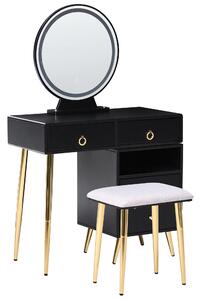 Toaletný stolík čierna a zlatá MDF 6 zásuviek LED zrkadlo stolička nábytok do obývačky glamour dizajn
