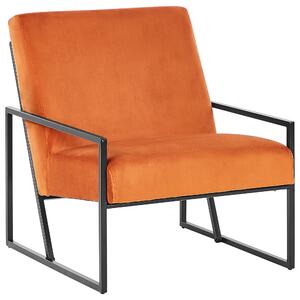 Kreslo oranžové zamatové čalúnené čierny železný rám moderná elegantná obývacia izba