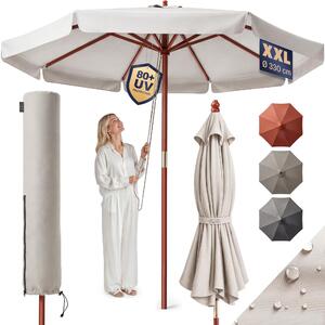 KINGSLEEVE® Drevený slnečník, 330 cm, vysoká UV ochrana 80+, ochranný obal, lankový systém, okrúhly, stabilný, odolný proti vetru, ideálny na trh, do záhrady, na terasu alebo balkón, farba: béžová/krémová