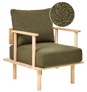 Kreslo tmavozelené buklé čalúnenie moderný minimalistický japandi štýl obývacia izba