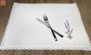 Bavlnené biele prestieranie na stôl pod taniere s vyšitým vzorom levandúľ 35x50cm 32314