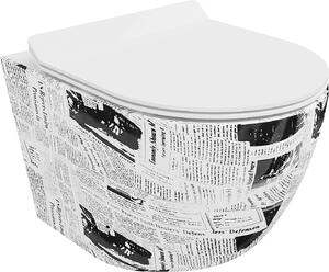 Mexen LENA Rimless, závesná WC misa so sedátkom pomaly-padajúcim SLIM, 48 x 36 cm, gazeta, 30224099