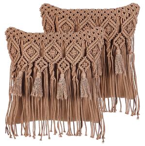 Sada 2 dekoratívnych vankúšov hnedá bavlna makramé 45 x 45 cm so strapcami boho retro štýl doplnky