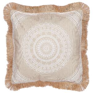 Dekoratívny vankúš béžová a biela polyesterový poťah 45 x 45 cm boho potlač ozdobné strapce obývacia izba doplnky