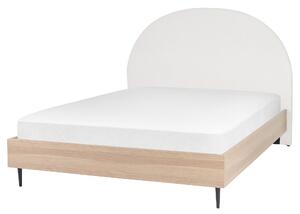 Posteľ biela svetlé drevo polyester 160 x 200 cm čalúnené čelo MDF rám kovové nohy lamelový rošt moderný štýl spálňa