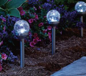 Solárna lampa KOULE 6cm, V.36cm, 1LED, nerezová oceľ/sklo/PH číra