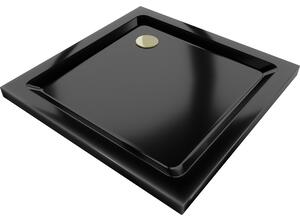 Mexen Flat štvorcová sprchová vanička slim 90 x 90 cm, čierna, zlatý sifón - 40709090G