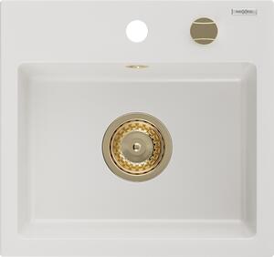 Mexen Milo granitový drez 1-komorový 435 x 410 mm, biely, sifón zlatý - 6505441000-20-G