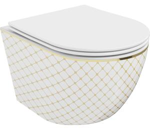 Mexen Lena miska wc Rimless s doskou pomaly uzatvárateľnou slim, duroplast, biela/zlatý vzor kocka - 30224009