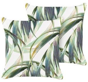 Sada 2 záhradných vankúšov zelená a biela polyester vzor listov 45 x 45 cm moderný štýl vonkajšie dekorácie vodoodolné