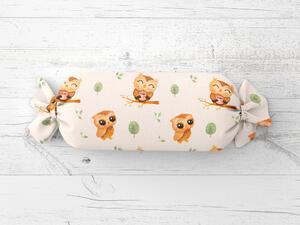 Biante Detský vankúš valec bonbon Sandra SA-616 Sovičky na vetvičkách na bielom 15x40 cm