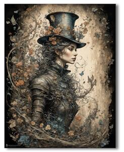 Steampunková dáma – Elegantný portrét ženy s motýľmi a kvetmi 30x40cm
