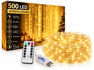 FoxBox Vianočné LED svetielka 500 LED, 3x3 m – mikro drôtik, teplá biela, diaľkové ovládanie, časovač, stmievanie, IP44