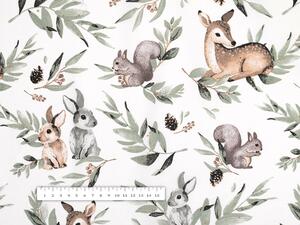 Detská bavlnená látka/plátno Sandra SA-455 Srnčekovia zajačikovia a veveričky na bielom - šírka 160 cm