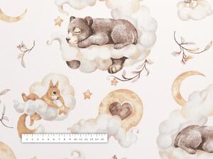 Detská bavlnená látka/plátno Sandra SA-456 Medvedíkovia zajačikovia a veveričky v oblakoch na bielom - šírka 160 cm