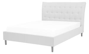 Posteľ svetlosivá látkové čalúnenie 140 x 200 cm prešívané čelo s gombíkmi v štýle Chesterfield lamelový rošt drevené nohy moderný štýl spálňa