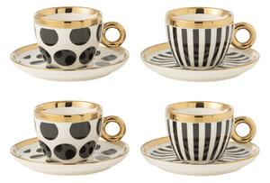 Set 4ks bielo-čierna šálka s tanierikom so zlatými detailmi Hollywood - Ø 13*8 cm - J-Line by Jolipa